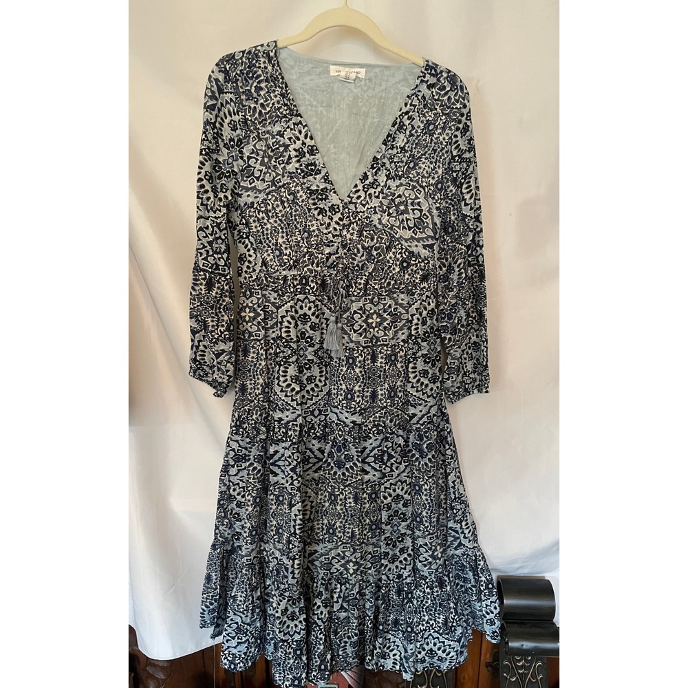 Lucky Brand Blue White Paisley Mandala Tiered Boho Midi Dress Womens Medium